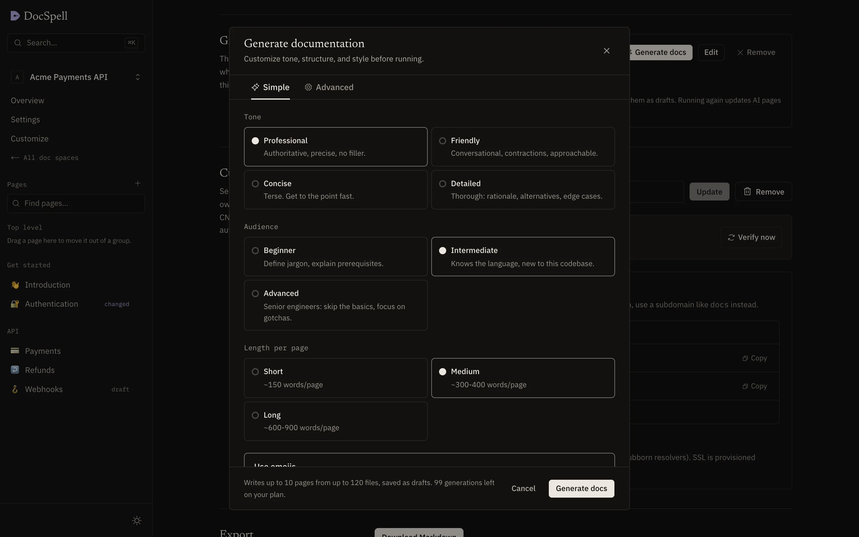 The Generate documentation dialog with tone, audience and length options.