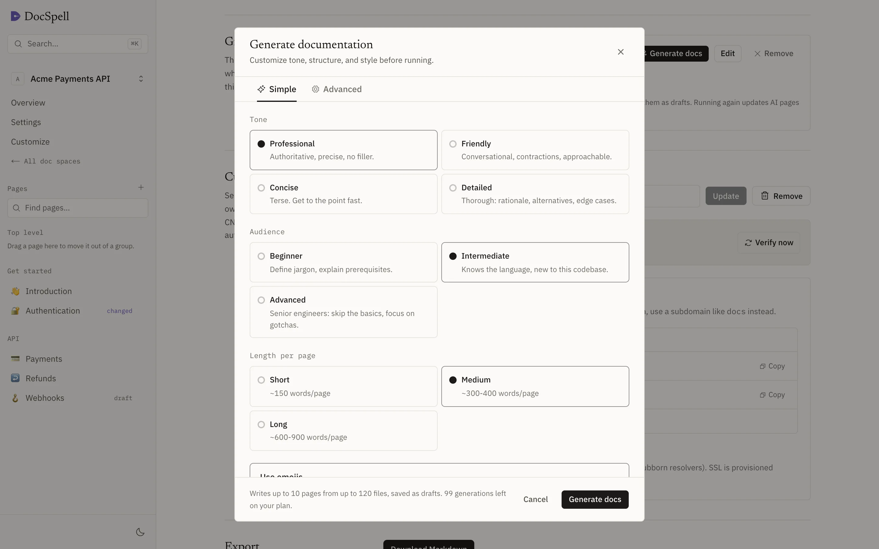 The Generate documentation dialog with tone, audience and length options.