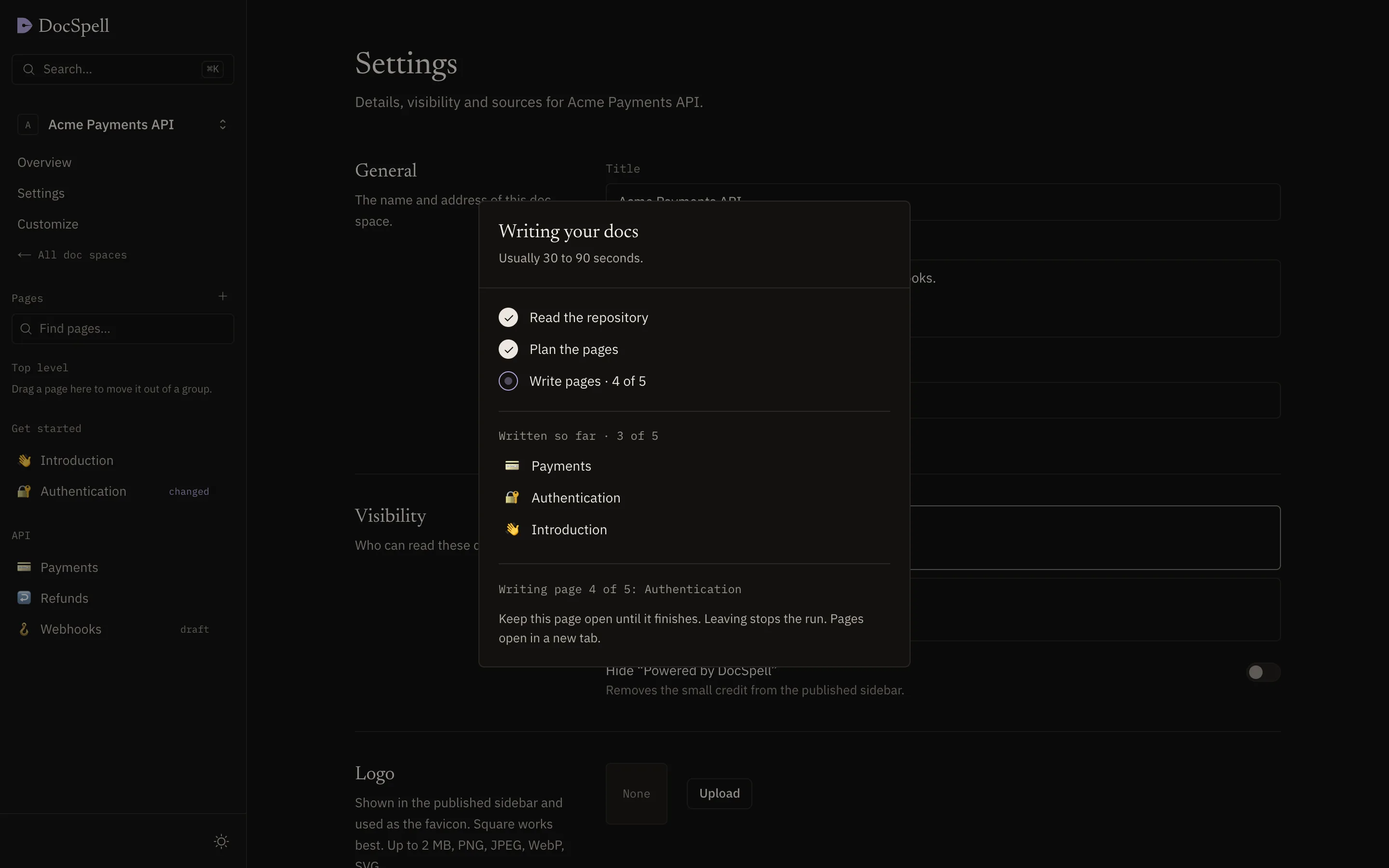 The generation progress dialog: read the repository, plan the pages, write pages, with the pages written so far.