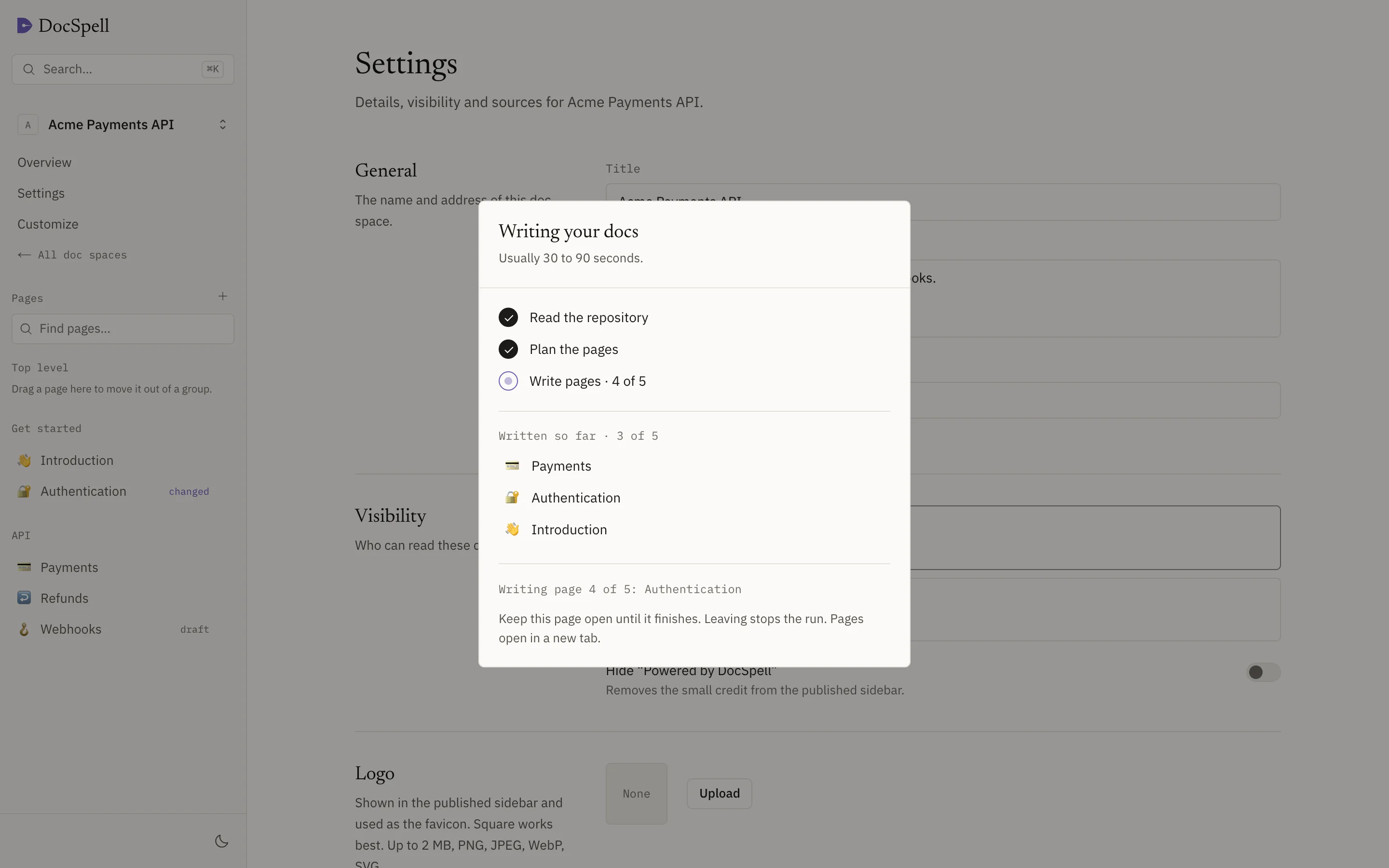 The generation progress dialog: read the repository, plan the pages, write pages, with the pages written so far.