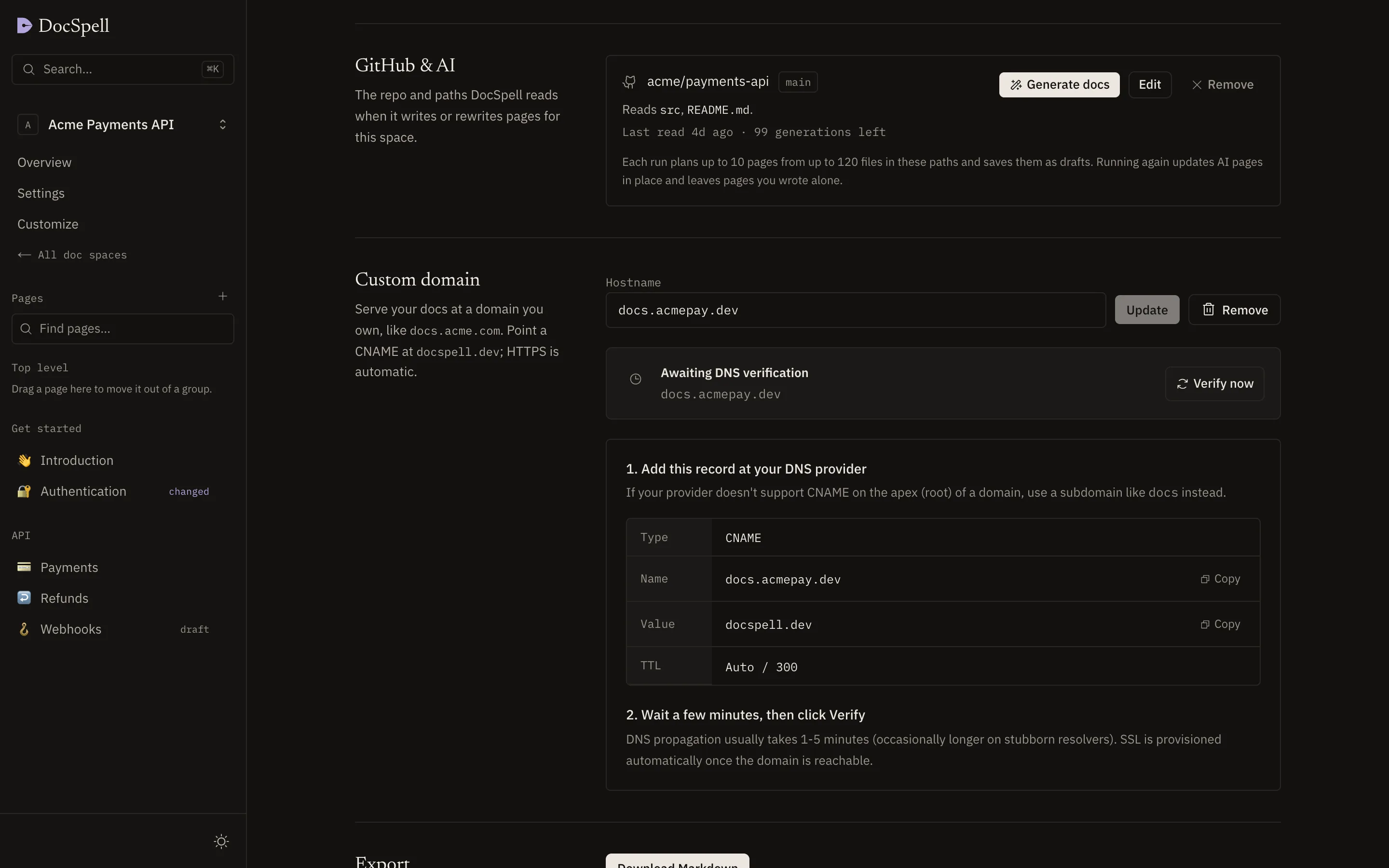 Doc-space settings with a GitHub repository, branch and paths connected.