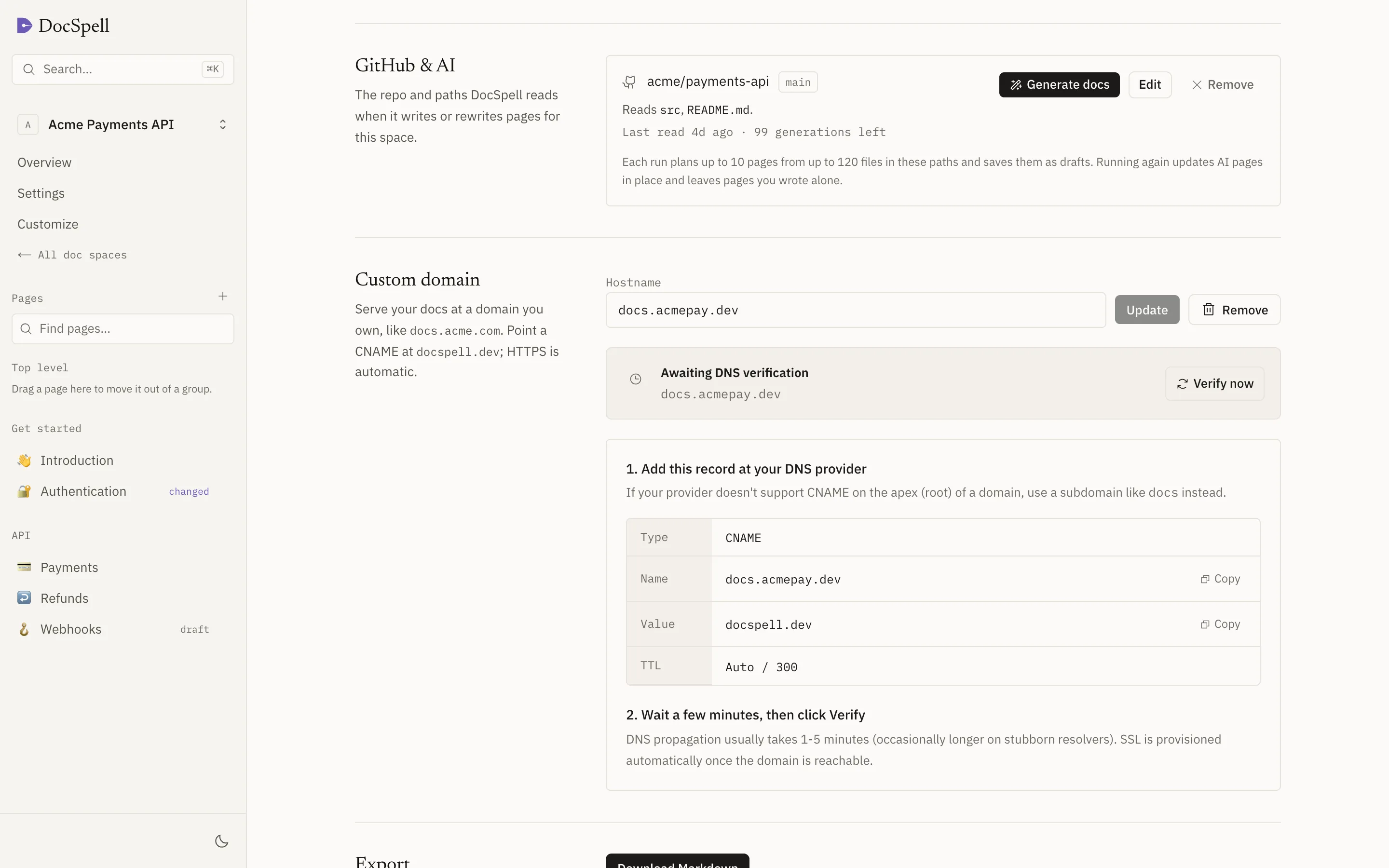Doc-space settings with a GitHub repository, branch and paths connected.