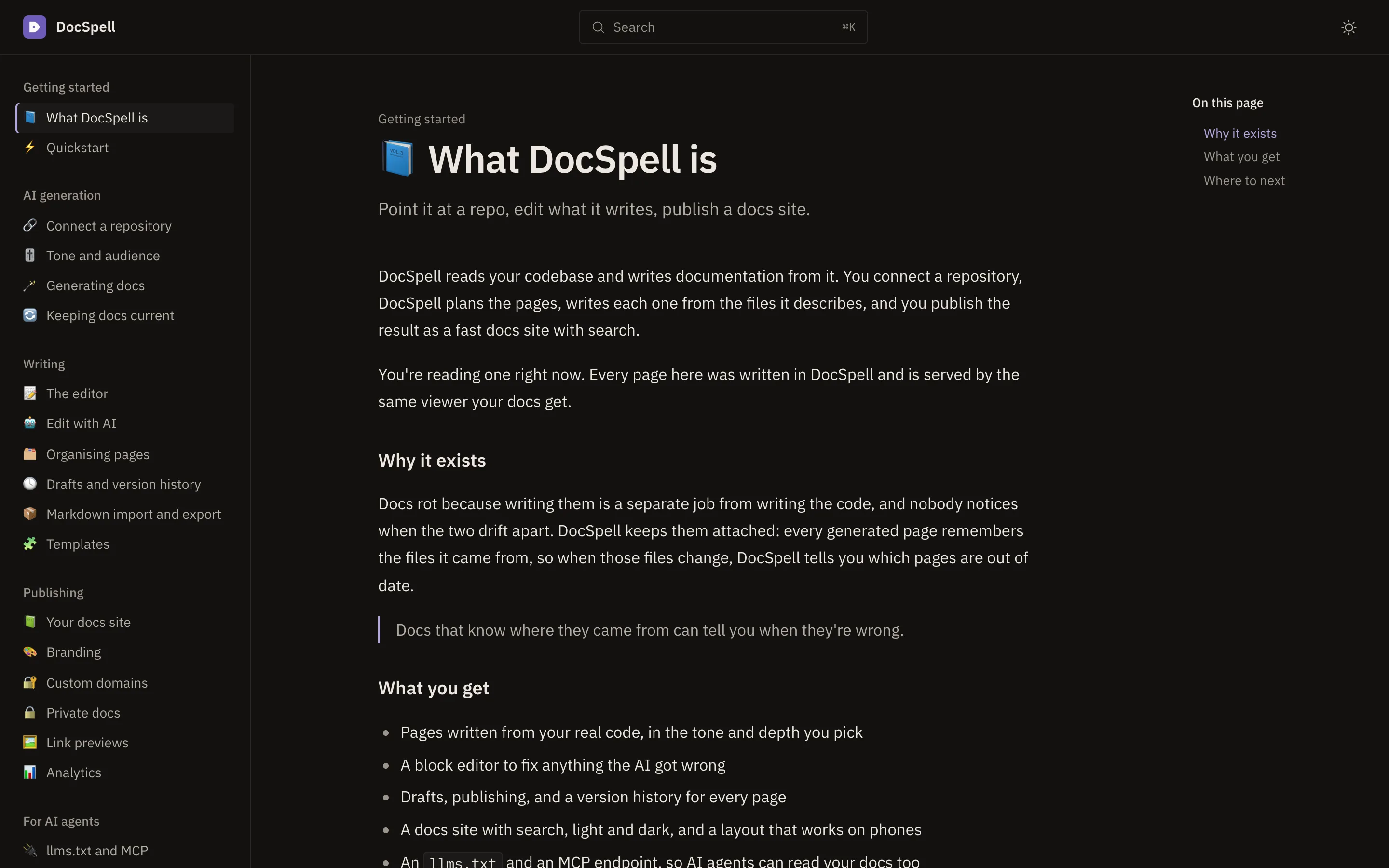 A published DocSpell docs site: sidebar, article and an on-this-page outline.