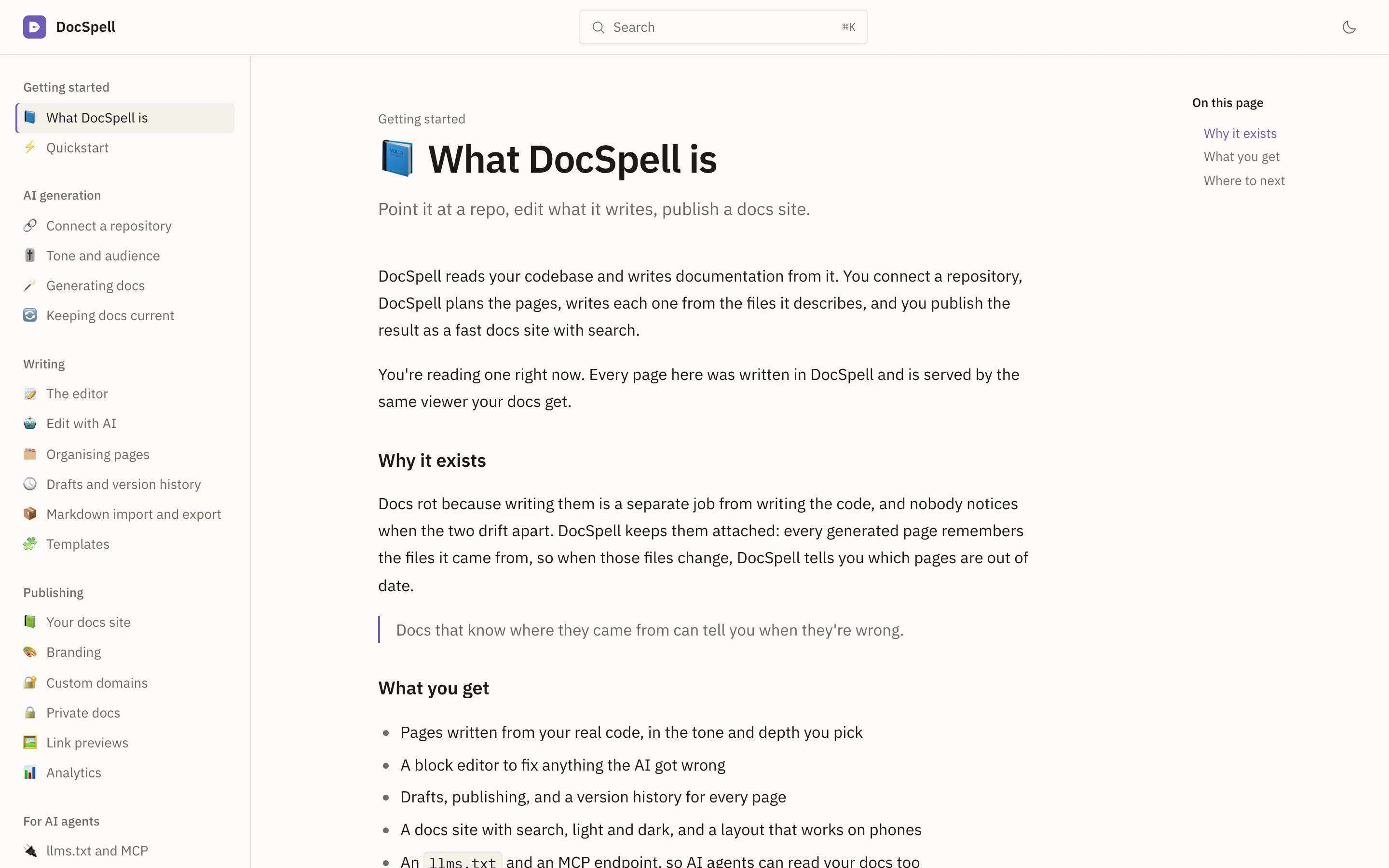A published DocSpell docs site: sidebar, article and an on-this-page outline.
